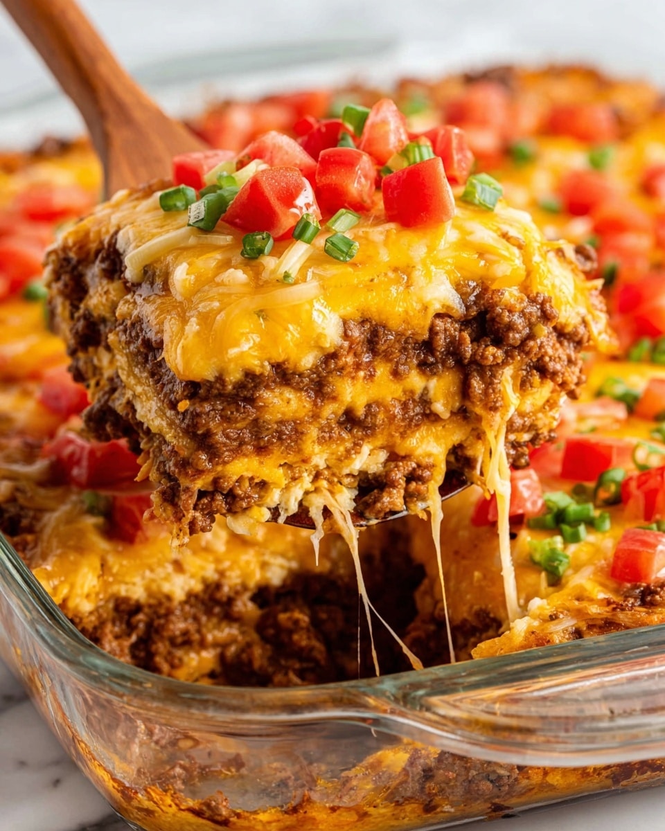 A glass baking dish filled with a layered casserole showing three thick layers of soft, saucy ground meat mixed with spices and finely chopped vegetables in the middle and bottom. The top layer is covered with melted yellow cheese that stretches as a wooden spatula lifts a piece out. The lifted piece also has a layer of shredded cheese melted into it and is topped with bright, fresh red diced tomatoes and green chopped scallions. The dish is set on a white marbled surface. Photo taken with an iphone --ar 4:5 --v 7