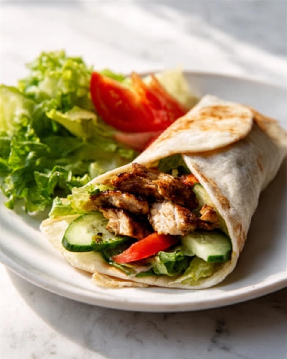 The dish shows a white plate with a rolled flatbread wrap filled with grilled pieces of chicken, fresh green lettuce, slices of cucumber, and small chunks of red tomato. The wrap is open at one end, showing the colorful inside layers of different textures: the soft flatbread outside, the green crisp lettuce and cucumber, the juicy red tomatoes, and the browned grilled chicken pieces. Behind the wrap, there are more lettuce leaves and a few tomato slices on the white marbled surface. A woman’s hand is holding the wrap gently on the side. The lighting is soft and natural, capturing the freshness and warmth of the food. photo taken with an iphone --ar 4:5 --v 7