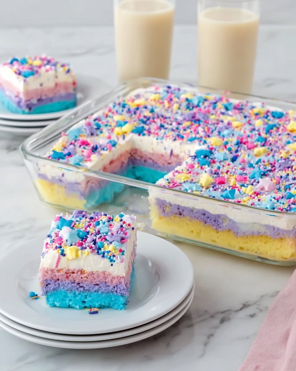 A square glass baking dish holds a colorful layered cake with one large slice removed and placed on a stack of white plates in the background. The cake has four thick layers: a bright blue layer at the bottom, followed by two layers mixed in soft purple and pink tones, topped with a smooth pale yellow layer. A thick white frosting covers the top of the cake, sprinkled densely with mix of colorful sprinkles in blue, pink, purple, yellow, and white shapes and dots. The scene is set on a white marbled surface with two glasses of light beige milk visible behind the plates. photo taken with an iphone --ar 4:5 --v 7