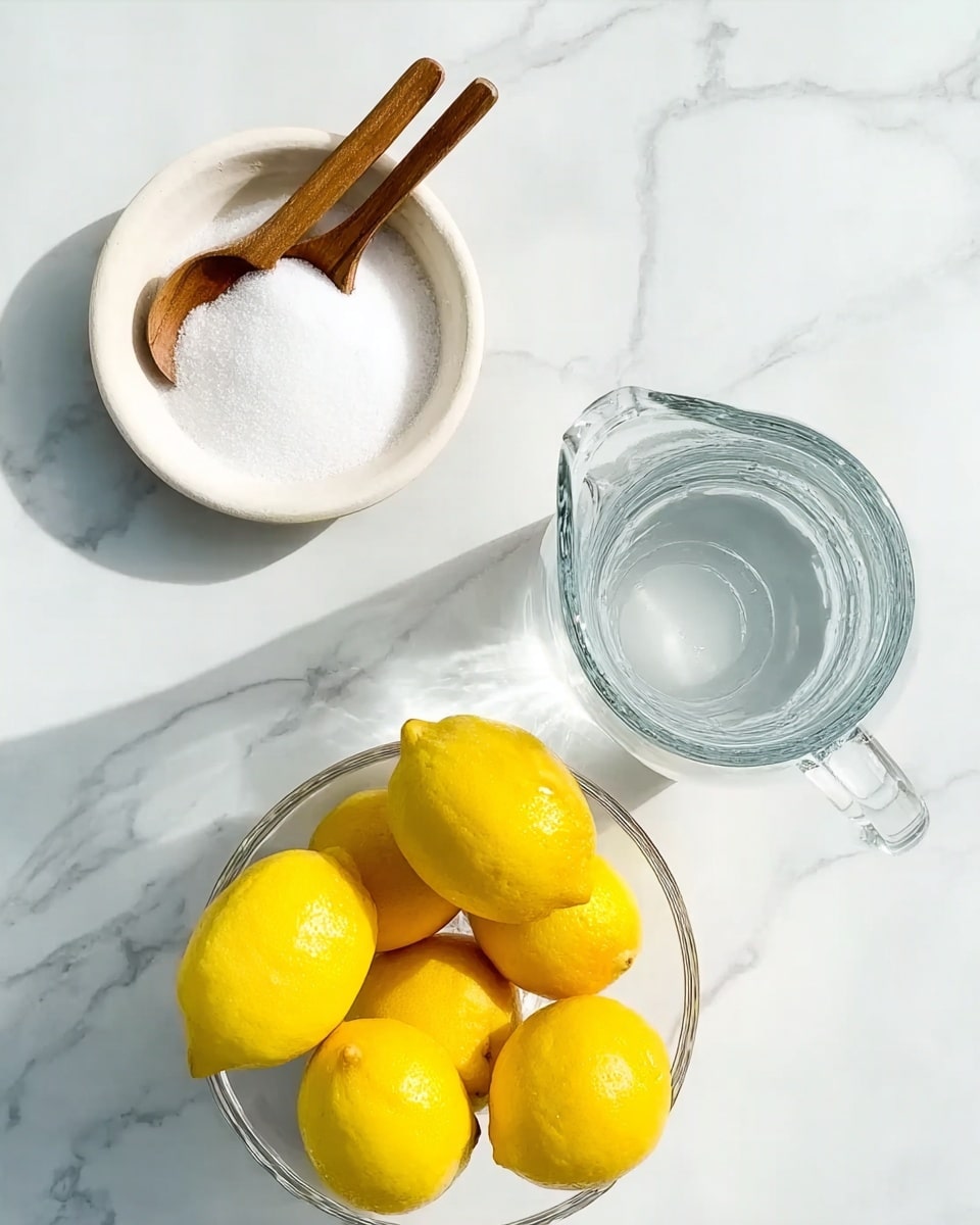 The image shows a white marbled surface with a clear glass jug filled with water positioned on the right side. Below the jug, there is a transparent white bowl full of bright yellow lemons. Above the jug to the left is a round white wooden bowl filled with white granular sugar, with two small wooden spoons resting on the edge. The scene is bright and clean, highlighting the fresh lemons and clear water, all placed neatly on the white marbled background. photo taken with an iphone --ar 4:5 --v 7