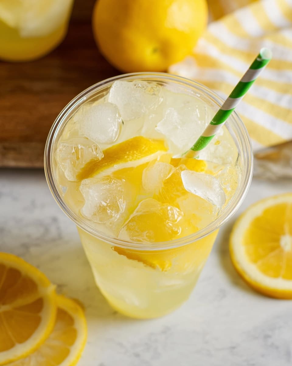 A clear cup filled with light yellow lemonade holds many large, clear ice cubes and several lemon wedges, one wedge positioned near the top edge. A green and white striped paper straw is placed inside the cup, partly submerged in the cold drink. In the background, a few lemon slices and a white and yellow striped cloth rest on a white marbled surface. The photo is taken close-up from above, showing bright, fresh colors and a cool, refreshing feel. photo taken with an iphone --ar 4:5 --v 7