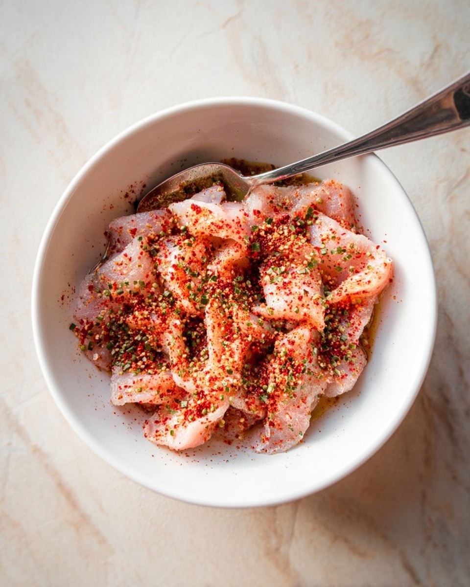 A white bowl sits on a white marbled surface, filled with raw, pale pink slices of meat arranged in loose folds, sprinkled generously with red powder seasoning and small green herb flakes scattered all over. A silver spoon rests inside the bowl, angled diagonally with its handle pointing outwards. The lighting is soft and natural, making the colors of the meat and spices stand out. Photo taken with an iphone --ar 4:5 --v 7