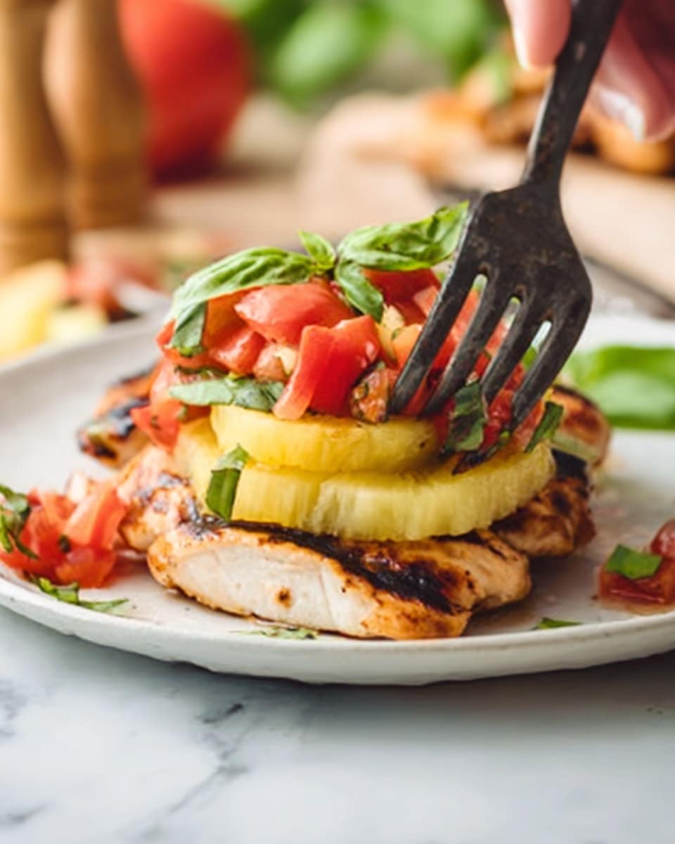 The image shows a close-up of a white plate with three layers: a bottom layer of grilled chicken with grill marks, a middle layer of fresh yellow pineapple slices, and a top layer of bright red diced tomatoes mixed with green basil leaves. A black spatula is lifting a piece of this stack, and a woman's hand is holding the spatula. The background is a white marbled surface with a soft focus on kitchen items. The lighting is warm and natural, highlighting the bright colors and textures of the food. photo taken with an iphone --ar 4:5 --v 7