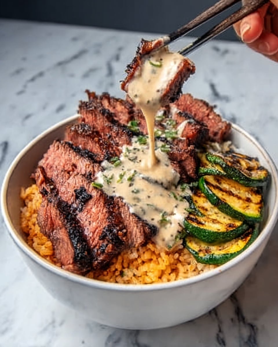 A white bowl filled with layers of food, starting with a base of orange rice. On top of the rice, there are thick slices of grilled red meat with a charred texture and visible grill marks. A creamy light beige sauce with dark herbs is poured over the meat, flowing down in a smooth stream from a woman's hand holding chopsticks. To the side of the meat, grilled green and yellow zucchini slices are neatly placed. The bowl sits on a white marbled surface. photo taken with an iphone --ar 4:5 --v 7