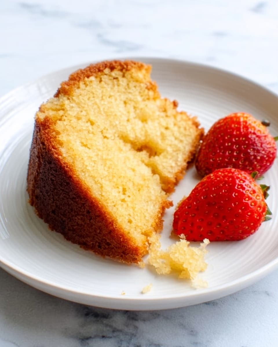 A single thick slice of golden brown cake sits on a white plate, showing a soft, crumbly interior with light yellow color. The cake slice is round with a slightly darker crust around the edges. Next to the cake, there are two bright red strawberry halves with smooth, shiny surfaces. The plate rests on a white marbled surface. Photo taken with an iphone --ar 4:5 --v 7