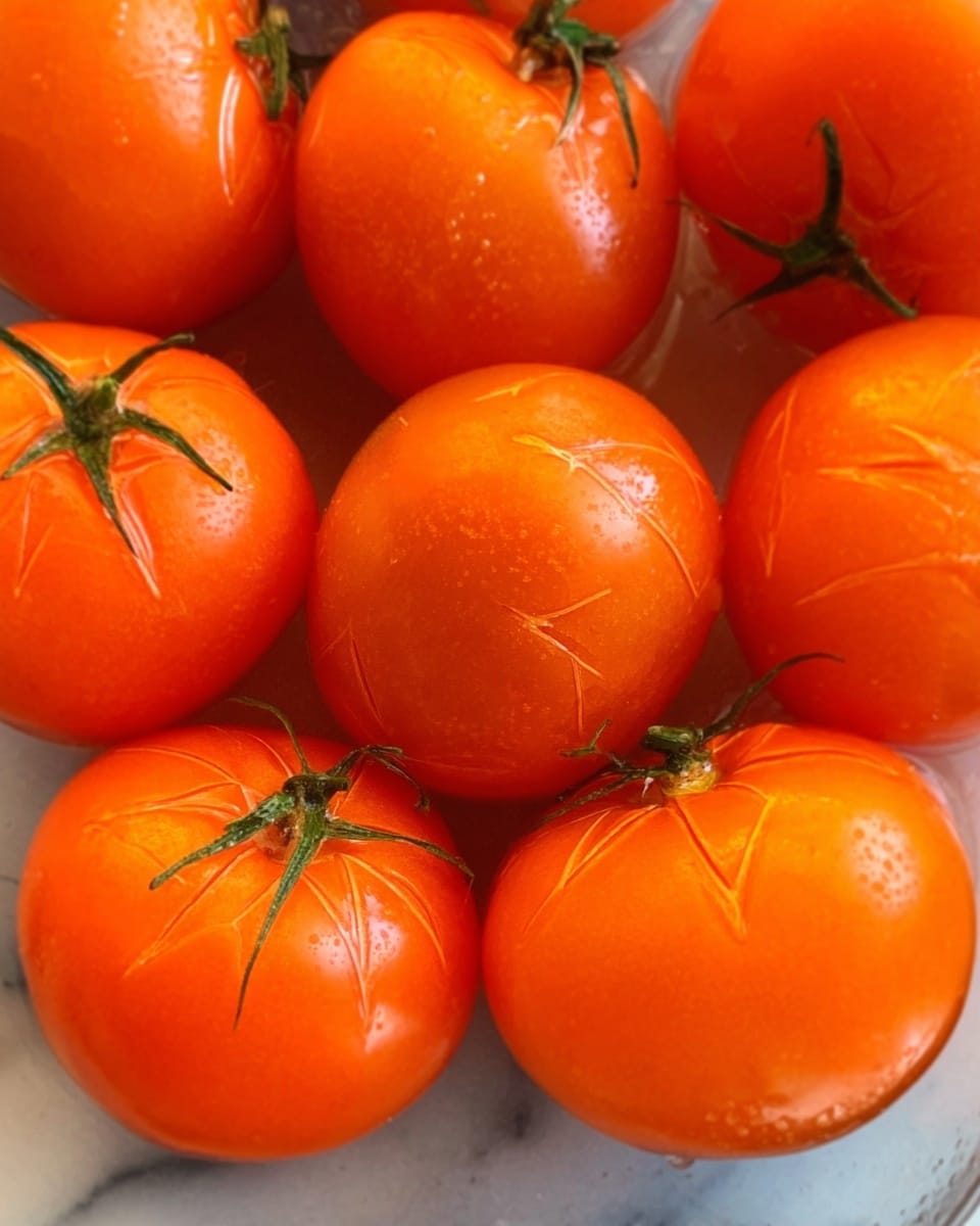 The image shows several bright orange tomatoes with a shiny, smooth skin. Each tomato has an X-shaped cut on the top, revealing a slightly lighter orange flesh underneath. Some tomatoes have small green stems attached. The tomatoes are close together on a white marbled surface, giving a fresh look. Photo taken with an iphone --ar 4:5 --v 7
