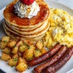Loaded Brunch Plate with Shrimp & Grits, Pancakes, Eggs, Potatoes, and Sausage Recipe