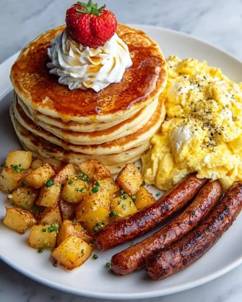 Loaded Brunch Plate with Shrimp & Grits, Pancakes, Eggs, Potatoes, and Sausage Recipe
