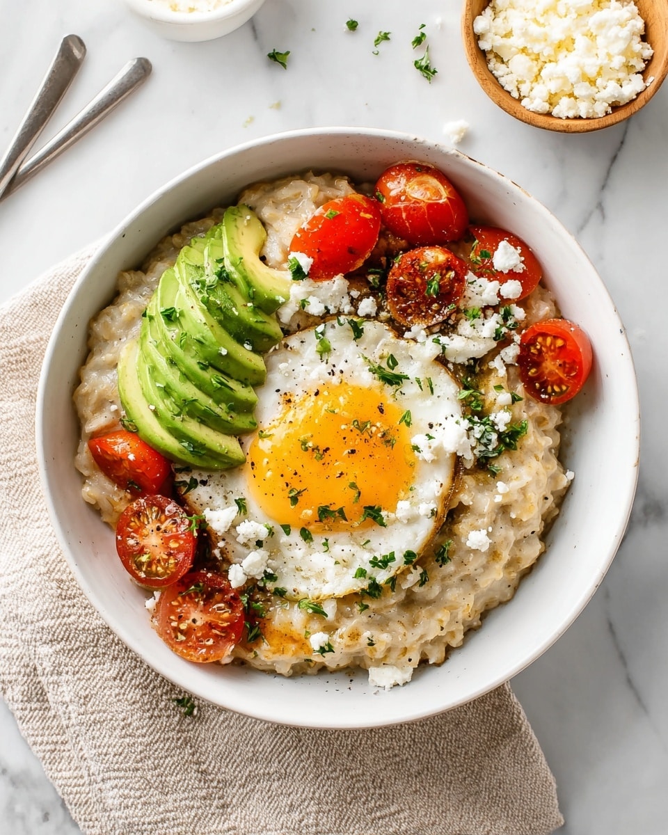 A white bowl holds a base layer of creamy oatmeal with a slightly lumpy texture, covering the entire bottom. On top, a fried egg with a bright yellow yolk and white edges sits near the center. To the lower right of the egg are three slices of green avocado, smooth and curved. Red cherry tomato halves with glossy skins are placed on the left and upper right sides of the bowl. Small white crumbles of cheese and sprinkled green herbs are scattered over the oatmeal and toppings. The dish rests on a beige cloth on a white marbled surface, with a small bowl of extra cheese nearby. Photo taken with an iphone --ar 4:5 --v 7
