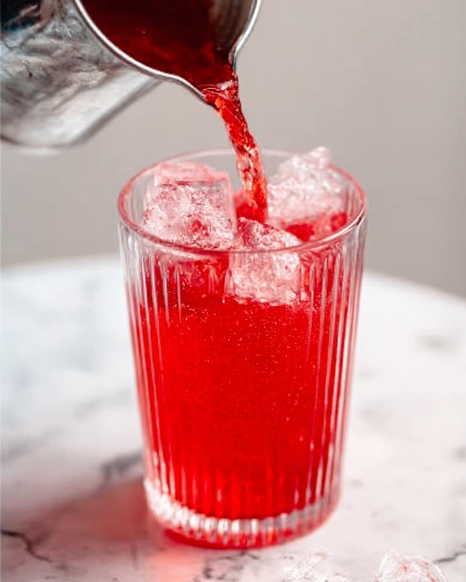 A clear tall glass with vertical ridges is being filled with bright red liquid over several large, clear ice cubes. A silver pitcher pours the liquid into the glass, creating small splash details. The glass is placed on a white marbled surface with soft lighting that shows the drink’s vibrant color and the ice’s smooth texture. photo taken with an iphone --ar 4:5 --v 7