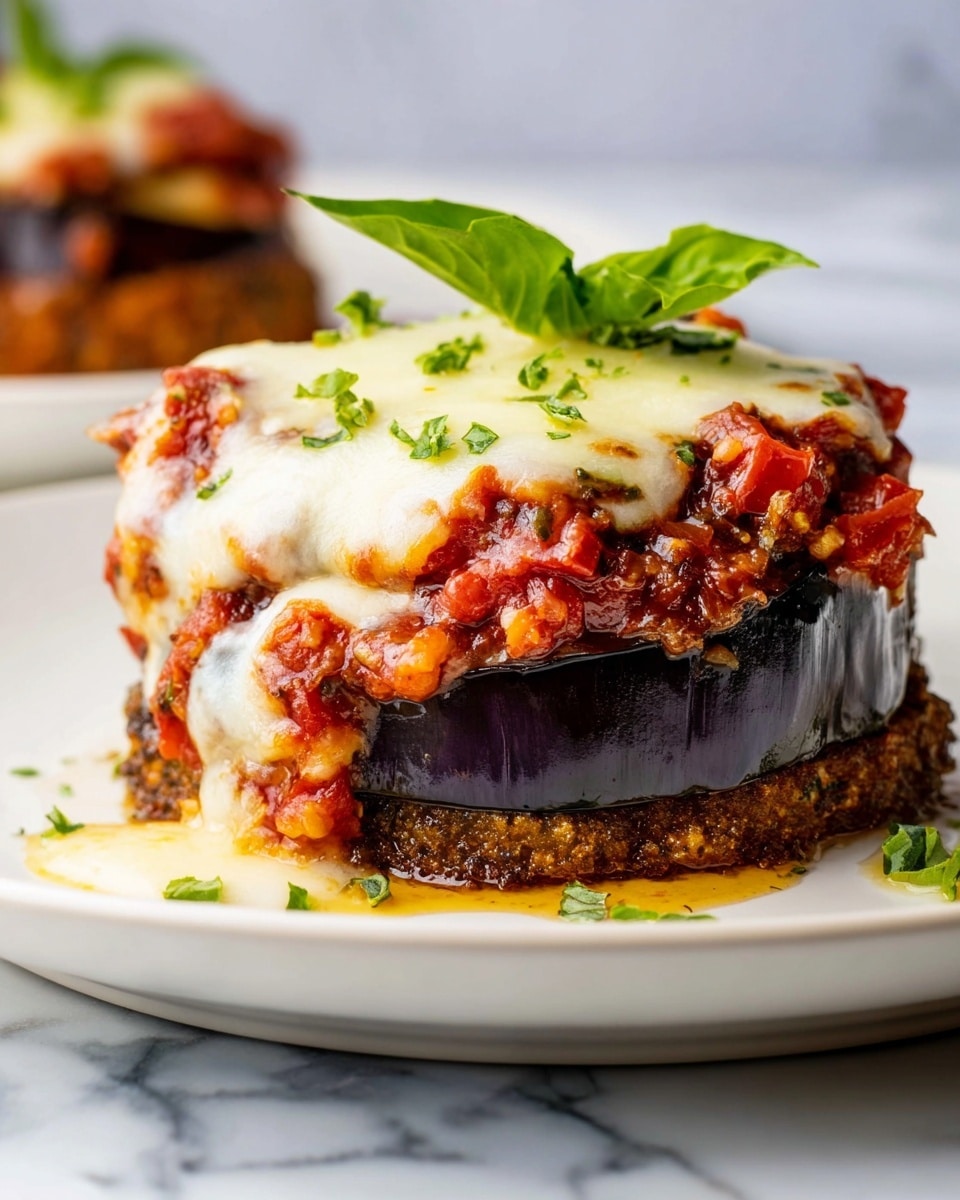 The dish shows two thick slices of purple eggplant stacked on a white plate with a white marbled background. The bottom layer is a brown, crispy crust, topped with a dark purple eggplant slice. On top of the eggplant is a layer of chunky red tomato sauce with bits of seeds and herbs visible. Above this is a thick, melted white cheese layer that drips slightly down the sides. A small green basil leaf decorates the top, and tiny green herb pieces are sprinkled over the cheese. Photo taken with an iphone --ar 4:5 --v 7