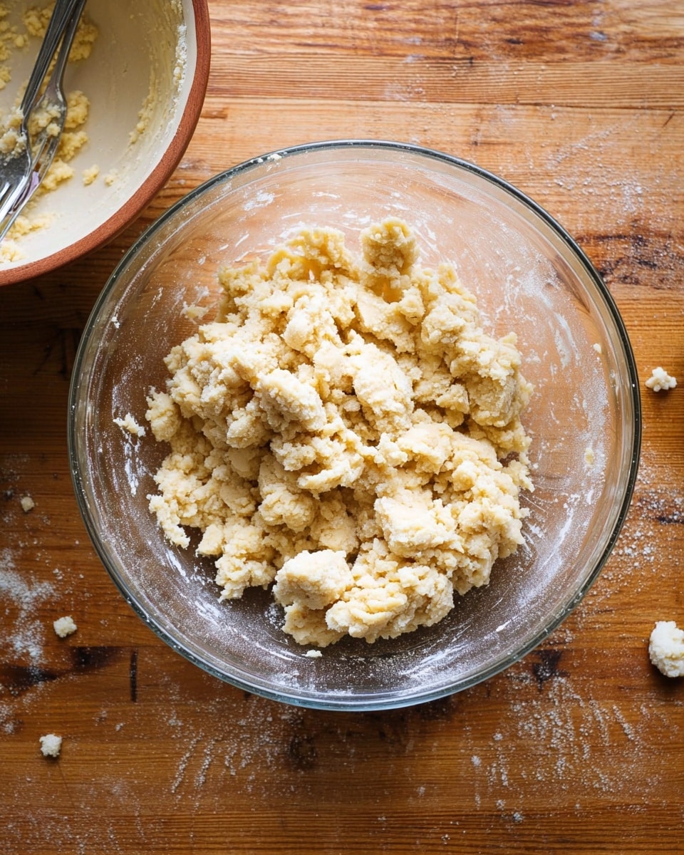 A clear glass bowl filled with rough, crumbly dough that is pale yellow with visible bits of flour dusting the sides of the bowl, sitting on a wooden surface. To the top left of the image, there is a ceramic bowl with some mixture inside and a fork resting on the edge. The dough looks uneven and coarse in texture, with small clumps and loose pieces around the bowl. photo taken with an iphone --ar 4:5 --v 7