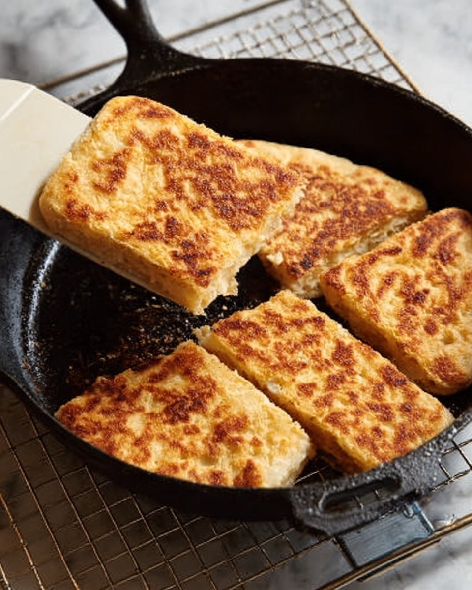 A golden brown square-shaped flatbread is cooking in a black cast iron skillet with crispy and slightly uneven texture on top. The flatbread has multiple thin layers visible through its browned surface, and an off-white spatula is lifting one side, showing the flaky inside. The skillet sits on a white marbled surface, and below it, a white cooling rack holds more pieces of the same flatbread, each with similar crispy golden tops and layered texture. The image has natural lighting enhancing the rustic look of the flatbread. photo taken with an iphone --ar 4:5 --v 7