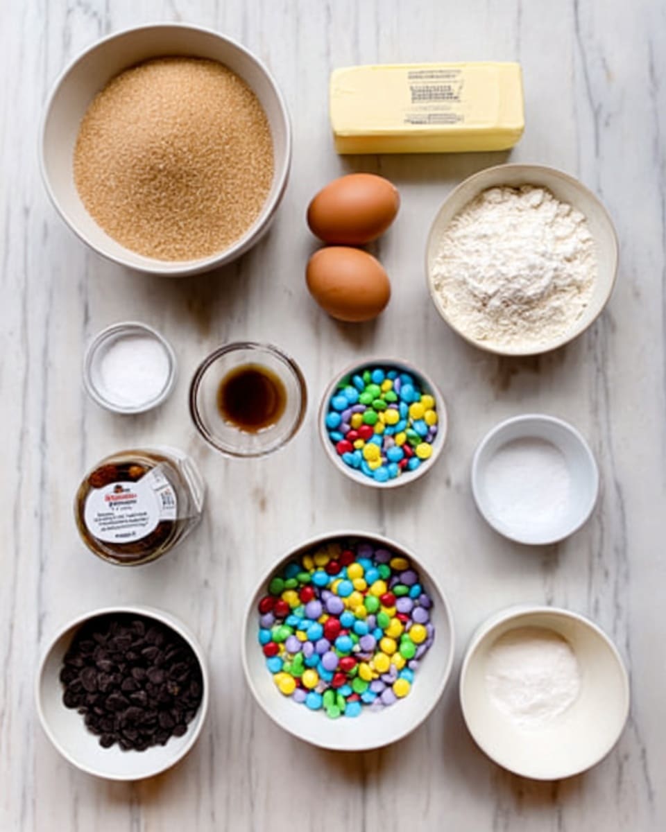 The image shows various baking ingredients neatly placed on a white marbled surface. There is a bowl of brown sugar, a stick of butter, a small white bowl of white sugar, two brown eggs, a small jar of vanilla extract, a bowl filled with white flour, a bowl of small colorful candy pieces, a bowl of black cookie crumbs, and three small white bowls containing salt, baking soda, and baking powder. The items are arranged in two vertical lines, with clear textures visible such as the soft brown sugar, smooth eggshells, and crunchy candy pieces. Photo taken with an iphone --ar 4:5 --v 7