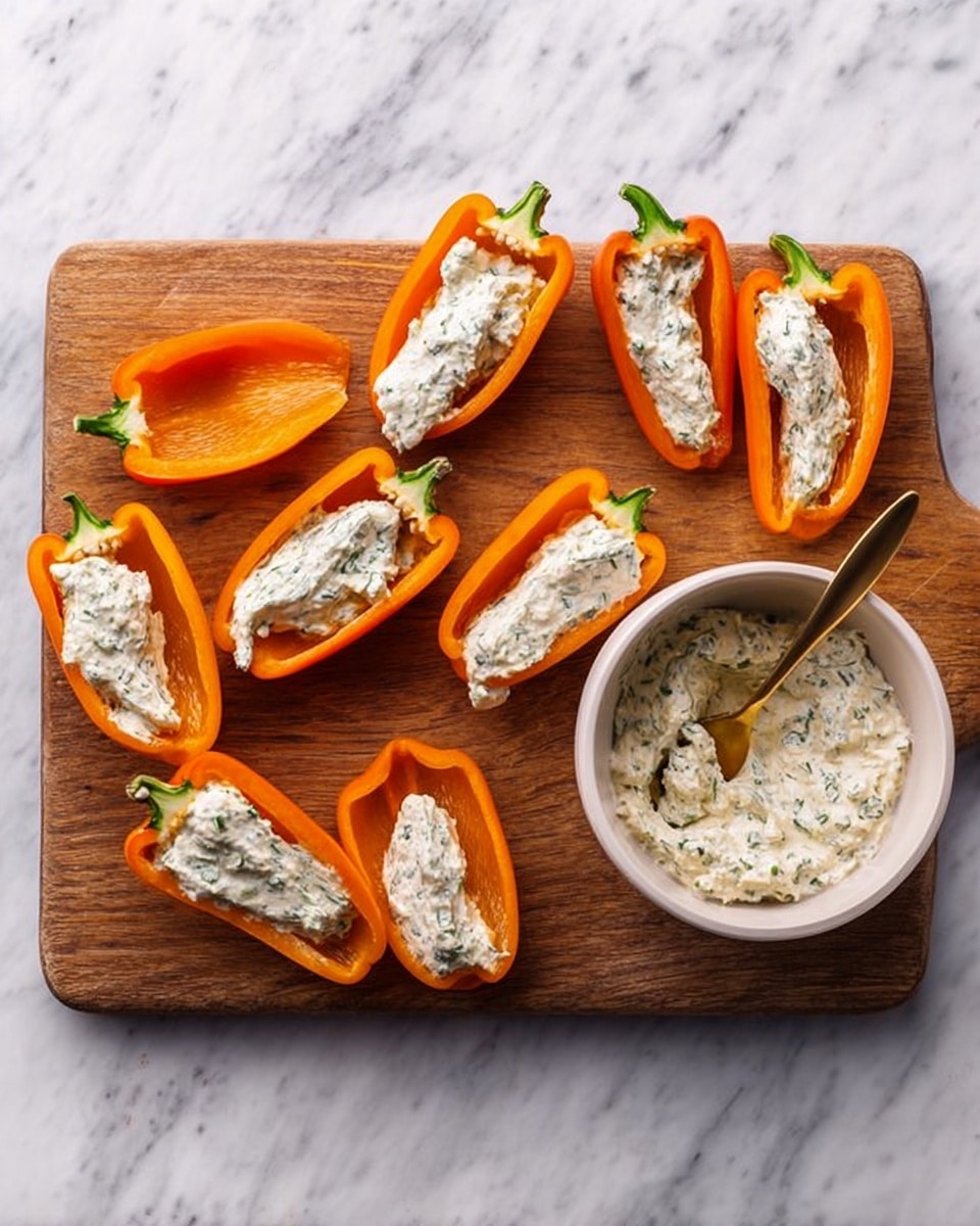 The image shows a wooden cutting board on a white marbled surface, with several orange mini bell pepper halves arranged on it. Some pepper halves are empty with their smooth, shiny interior visible, while others are filled with a creamy white spread mixed with green herbs. There is also a white bowl on the board, filled with the same creamy spread. A gold spoon rests inside the bowl, partly covered in the spread. The peppers are placed randomly across the board, showcasing their curved shape and bright orange color. photo taken with an iphone --ar 4:5 --v 7