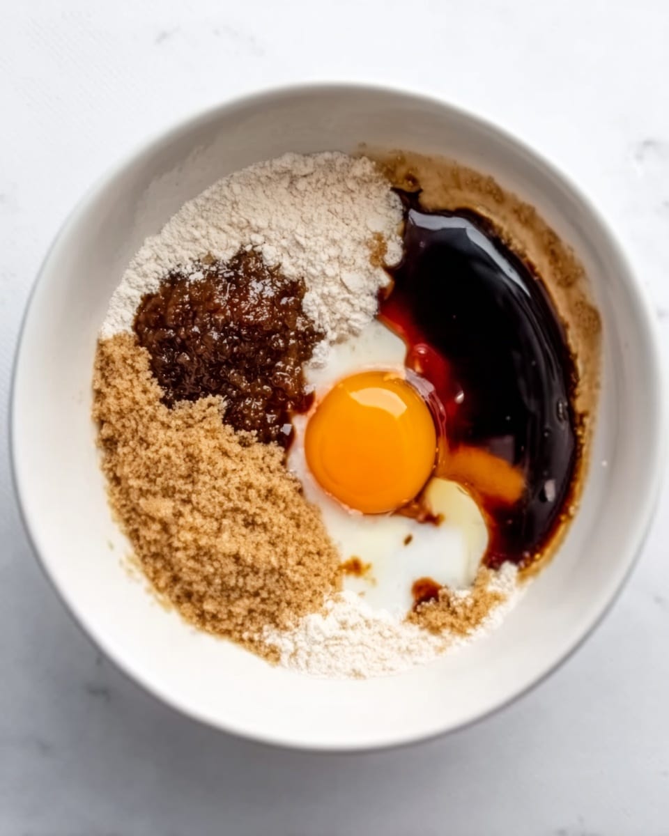 The image shows a white bowl filled with a mix of ingredients before cooking. The bowl contains several layers: one section has light-colored flour with a powdery texture, next to it is a layer of dark brown sugar with a crumbly look, beside it is a small pool of thick, dark brown syrup, and a bright orange raw egg yolk sits on top, smooth and shiny. The bowl rests on a white marbled surface. Photo taken with an iphone --ar 4:5 --v 7