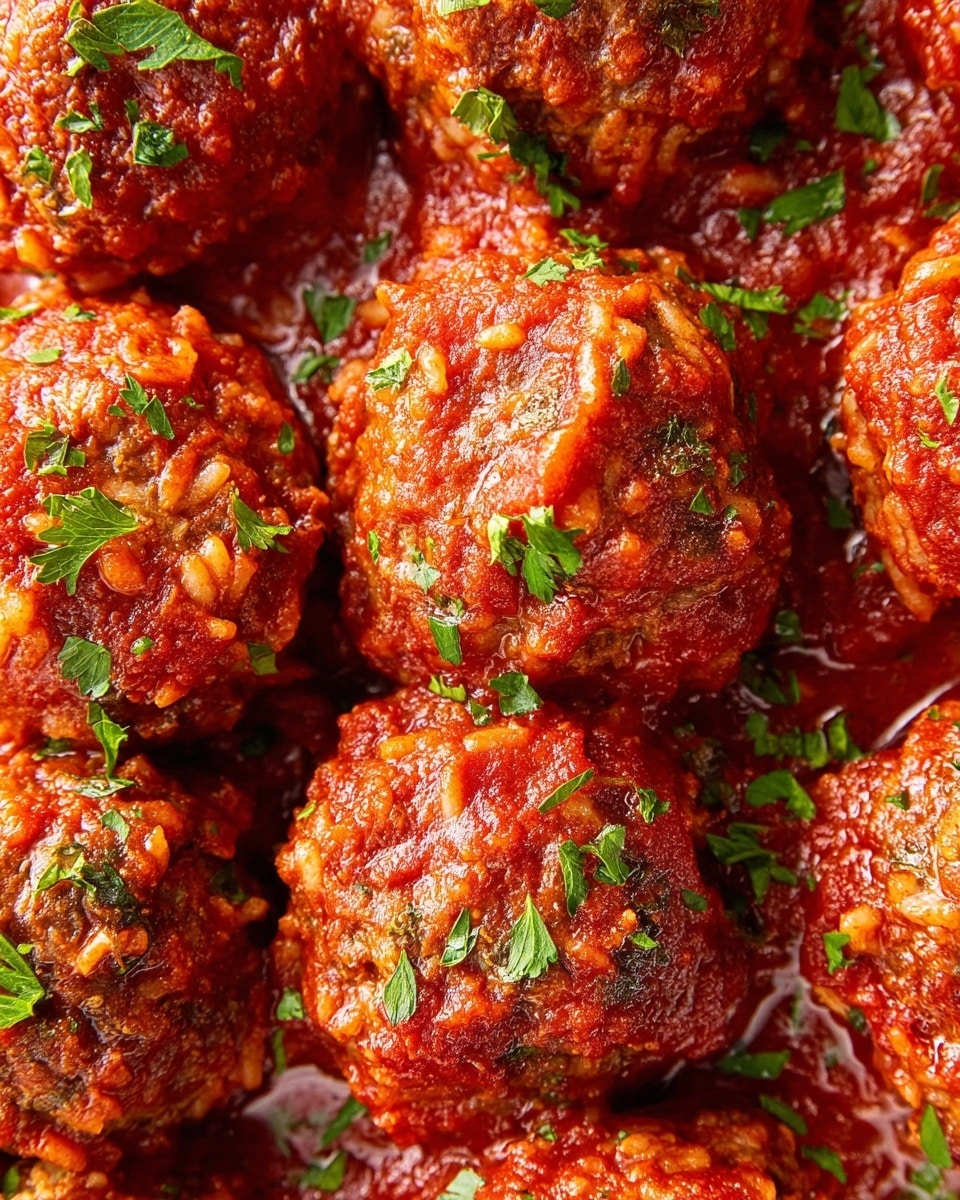 The image shows many meatballs covered in a thick, red tomato sauce. Each meatball is round, with a rough texture from bits of rice and herbs mixed in. The sauce is shiny and coats the meatballs evenly, with small pools of sauce between them. Chopped green parsley is scattered on top, adding bright green spots all over the meatballs. The background is a white marbled texture. photo taken with an iphone --ar 4:5 --v 7