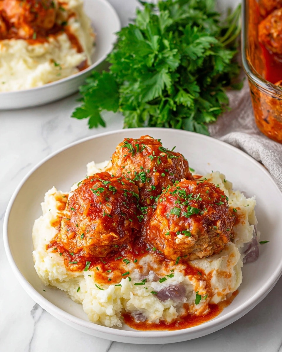 A white plate holds three large, round balls covered in a thick, red-orange sauce with small bits of visible ingredients, placed on top of a generous bed of creamy mashed potatoes that have small purple skin bits showing through. The sauce slightly dribbles down onto the mashed potatoes. Freshly chopped green herbs are sprinkled over the meatballs and mashed potatoes, adding small pops of color. In the background, a bunch of fresh green parsley leaves are placed on a white marbled surface, and part of a glass container filled with the same red sauce and balls is visible at the top right corner. Photo taken with an iphone --ar 4:5 --v 7
