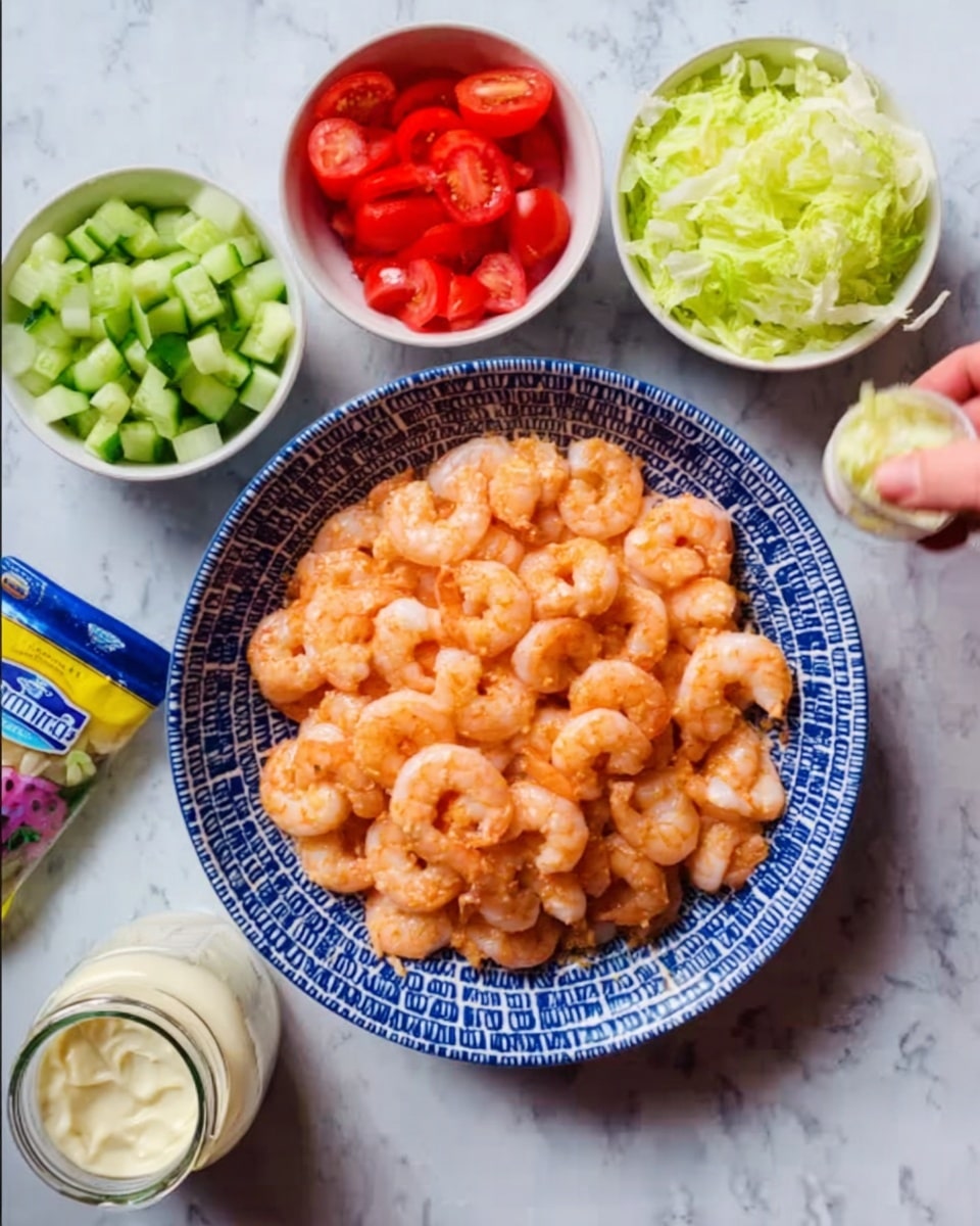 A white bowl with blue patterns holds a layer of cooked shrimp that are orange and slightly shiny, filling the bowl fully. Surrounding the bowl, there are four smaller white bowls placed on a white marbled surface: one is filled with small chopped green cucumber pieces, another with diced red tomatoes, the third with shredded light green lettuce, and the last has a few yellow cheese slices. A jar of creamy white mayonnaise is positioned near the bowls. A woman's hand reaches from the right side toward the shrimp bowl. The overall scene is bright with clear colors and textures. photo taken with an iphone --ar 4:5 --v 7