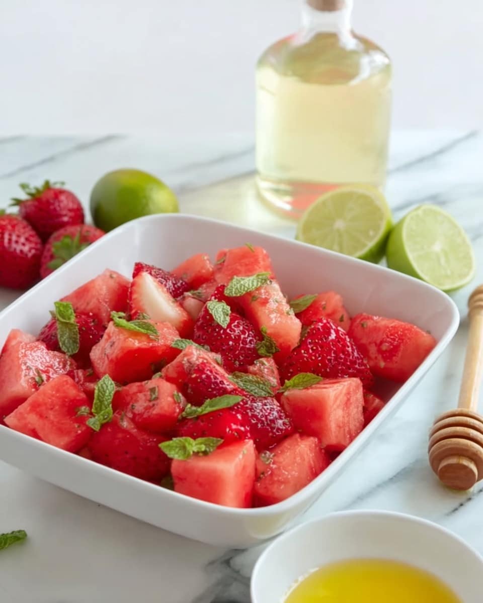 A white square bowl filled with bright red watermelon chunks and halved strawberries, sprinkled with small green mint leaves on top. The bowl is set on a white marbled surface with two whole strawberries and lime halves nearby. In the foreground, a small white bowl contains a yellow liquid, and a partially visible honey dipper is on the right side. Behind the bowl, there is a clear glass bottle with a white stopper. The scene is bright and fresh with soft lighting, photo taken with an iphone --ar 4:5 --v 7