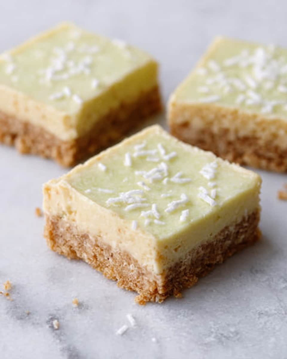 The image shows three square dessert bars placed on a white marbled surface. Each bar has two layers: the bottom layer is a light brown, crumbly crust with a rough texture, while the top layer is a smooth, pale yellow cream with small white sprinkles scattered on top. One bar is closer to the front, and the other two are positioned slightly behind it, creating a simple, clean look. The light is soft and natural, highlighting the textures clearly. Photo taken with an iphone --ar 4:5 --v 7