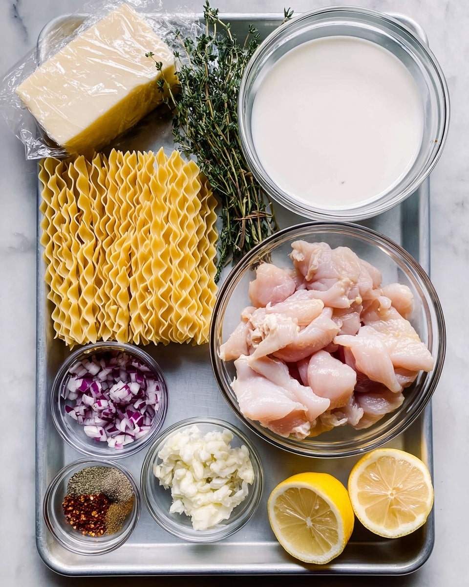 The image shows a baking tray with several cooking ingredients arranged neatly on a white marbled surface. There is a clear bowl filled with raw, pale pink chicken pieces in the middle right, and above it, a larger clear bowl filled with white milk. To the left of the chicken, there are long wavy-edged yellow lasagna noodles stacked in the center. At the bottom left, two small clear bowls hold finely chopped red onions and minced garlic. Above these bowls, a small clear bowl has a mix of red, brown, and white spices. Fresh green thyme stems lie on top of a block of pale yellow cheese wrapped partially in clear plastic in the upper left corner. Lastly, two lemon halves with bright yellow skin and pale yellow inside are placed on the bottom right edge of the tray. Photo taken with an iphone --ar 4:5 --v 7