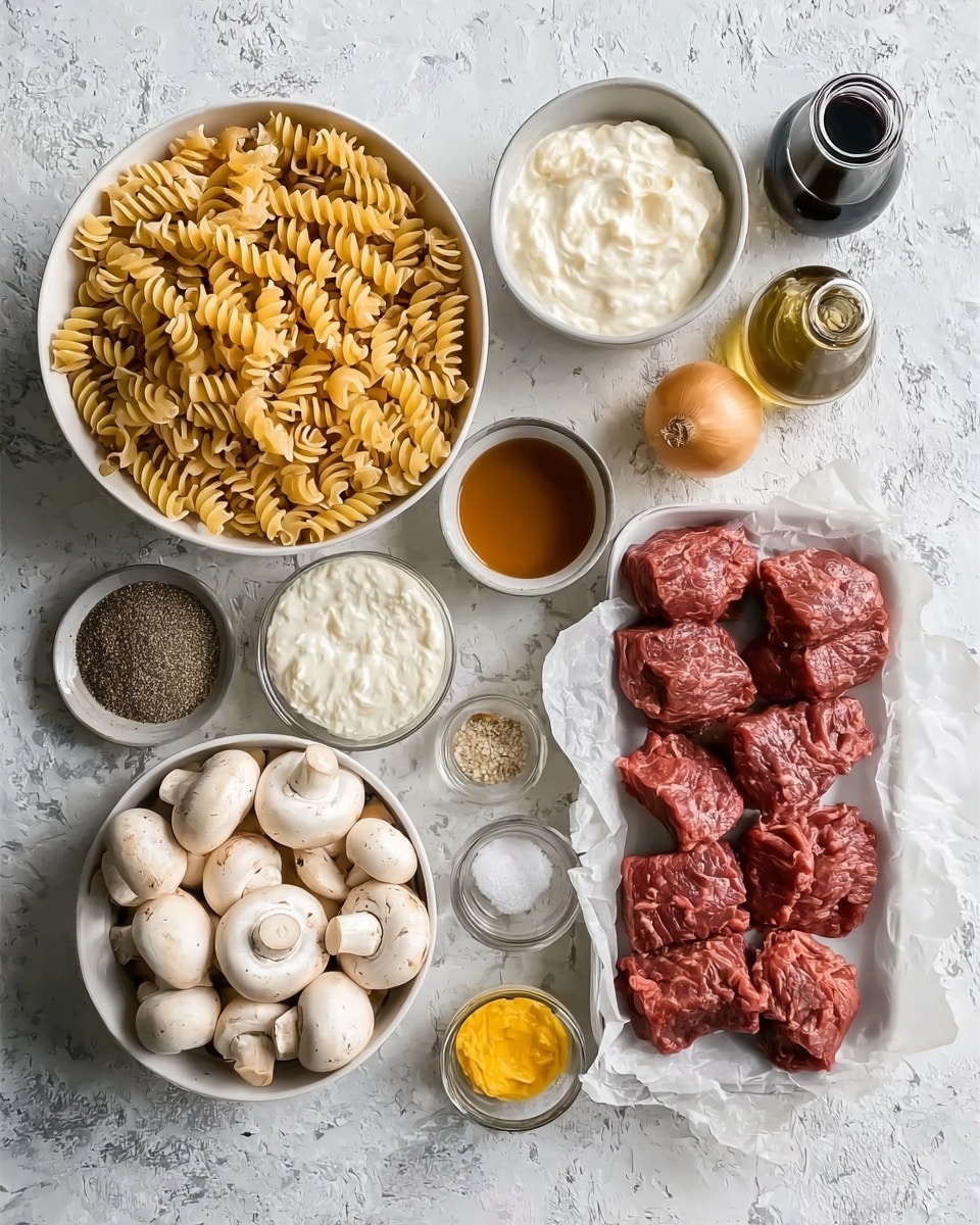 The image shows an overhead view of various ingredients laid out on a white marbled surface. There is a white bowl filled with uncooked spiral pasta, placed near the top left. Below it is a white bowl of thick white cream. To the left of the cream is a white bowl full of whole white mushrooms. In the center right, there is a rectangular plate lined with parchment paper holding chunks of raw red meat. Around these main items are small bowls and containers holding brown liquid, white powder, black pepper, yellow mustard, and a single whole onion. A glass container of oil and a small dark glass jar are near the top right. The overall arrangement is neat and visually balanced. photo taken with an iphone --ar 4:5 --v 7