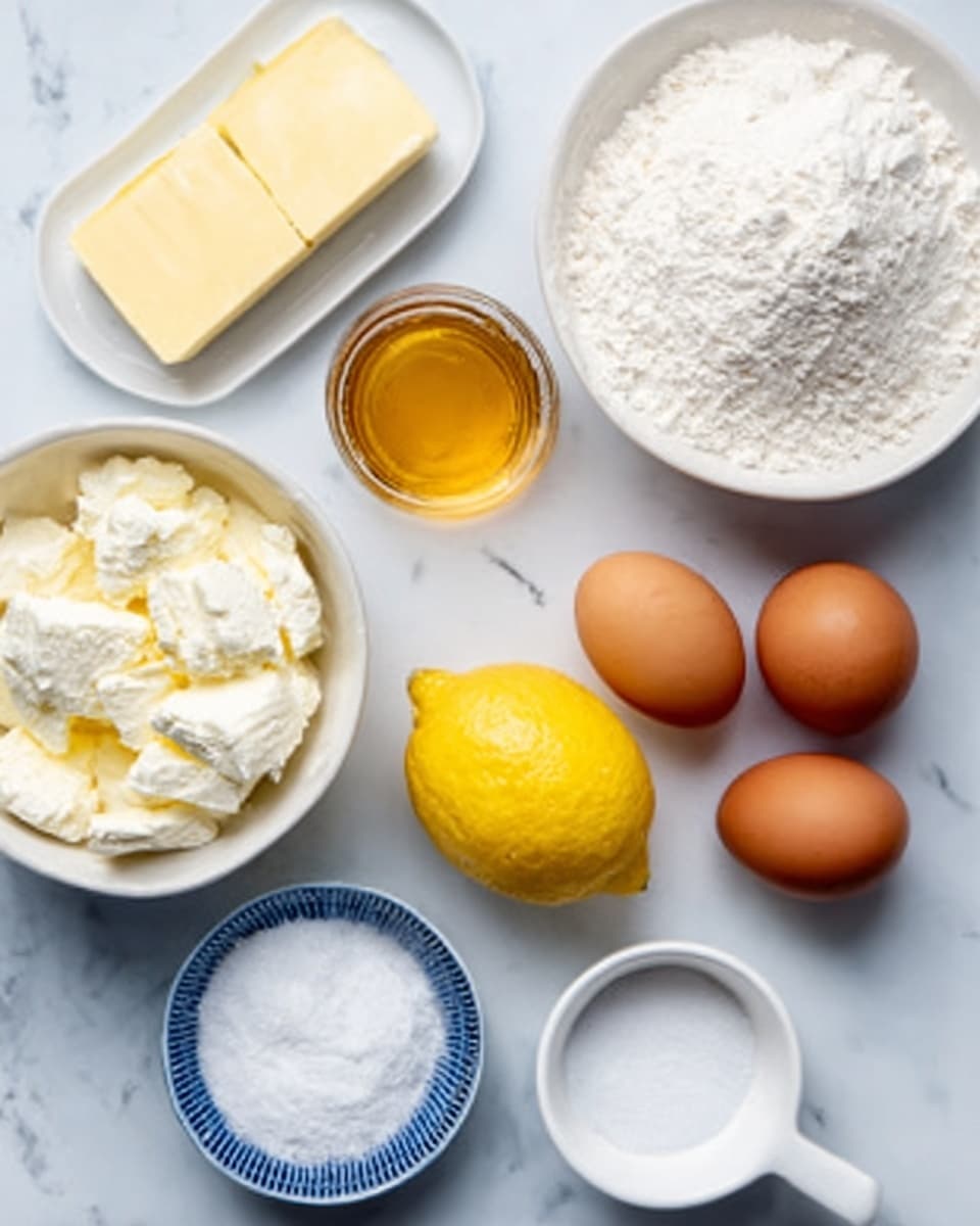 The image shows ingredients for baking placed neatly on a white marbled surface. There are three brown eggs on the right, a bright yellow lemon in the center, and a large white bowl filled with flour in the top right. Below the lemon is a small glass bowl with a golden liquid, probably honey or syrup. On the left, there is a white bowl filled with soft white cheese or ricotta, next to a bar of butter with some slices taken off. A blue and white small dish holds some white powder, likely baking powder or sugar. A white cup filled with granulated sugar completes the set on the bottom right. Photo taken with an iphone --ar 4:5 --v 7