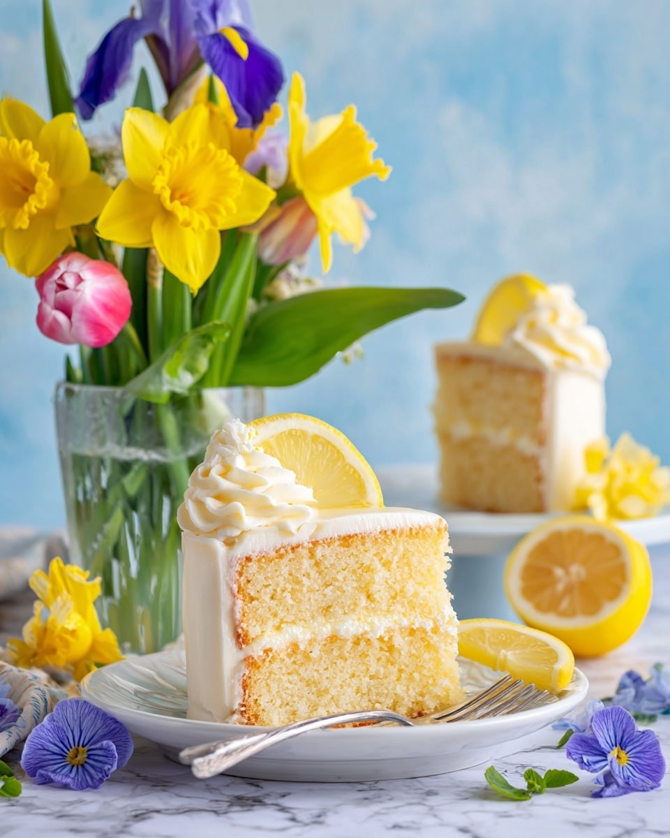 A two-layer yellow lemon cake slice with a smooth white cream filling between the layers sits on a white plate, topped with a swirl of white frosting and a small lemon wedge. Next to the cake slice, a silver fork rests on the plate. In the background, another slice of the same cake is visible along with two lemon halves. To the left, a clear glass vase holds a colorful bouquet of flowers including bright yellow daffodils, purple irises, pink tulips, and green leaves. The setting is on a white marbled surface with a soft blue background. Photo taken with an iphone --ar 4:5 --v 7