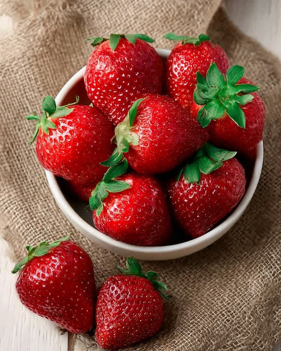 A round white bowl filled with bright red strawberries that have green leaves on top, placed on a white marbled surface covered by a piece of brown burlap cloth. Three strawberries sit outside the bowl on the cloth beside the bowl, showing their shiny, smooth texture with small seeds on the surface. The strawberries look fresh and vibrant, arranged closely together. photo taken with an iphone --ar 4:5 --v 7