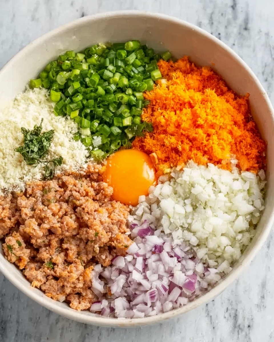A white bowl contains six distinct layers arranged in separate sections, showing different ingredients. Starting from the top right, there is a bright orange layer of finely chopped carrots, next to it on the top left is a vibrant green layer of chopped green onions. Below the green onions, there is a white crumbly layer that looks like grated cheese or tofu, with a small piece of green herb on top. Moving clockwise, there is a coarse tan layer of minced meat with an orange egg yolk placed in the center. Next to the meat is a layer of finely chopped purple onions, and finally at the bottom left, small white round grains, possibly cooked rice, fill the space. The bowl is placed on a surface with a white marbled texture. Photo taken with an iphone --ar 4:5 --v 7