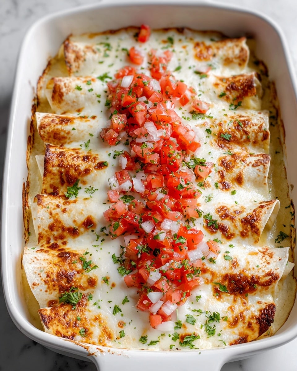 A white rectangular baking dish filled with six rolled tortillas arranged side by side, covered in melted white cheese with browned spots giving a slightly crispy texture. On top of the cheese, there is a layer of finely chopped fresh red tomatoes mixed with small pieces of white onion sprinkled over the middle, along with small green herb leaves scattered across the entire dish. The dish is placed on a white marbled surface. photo taken with an iphone --ar 4:5 --v 7