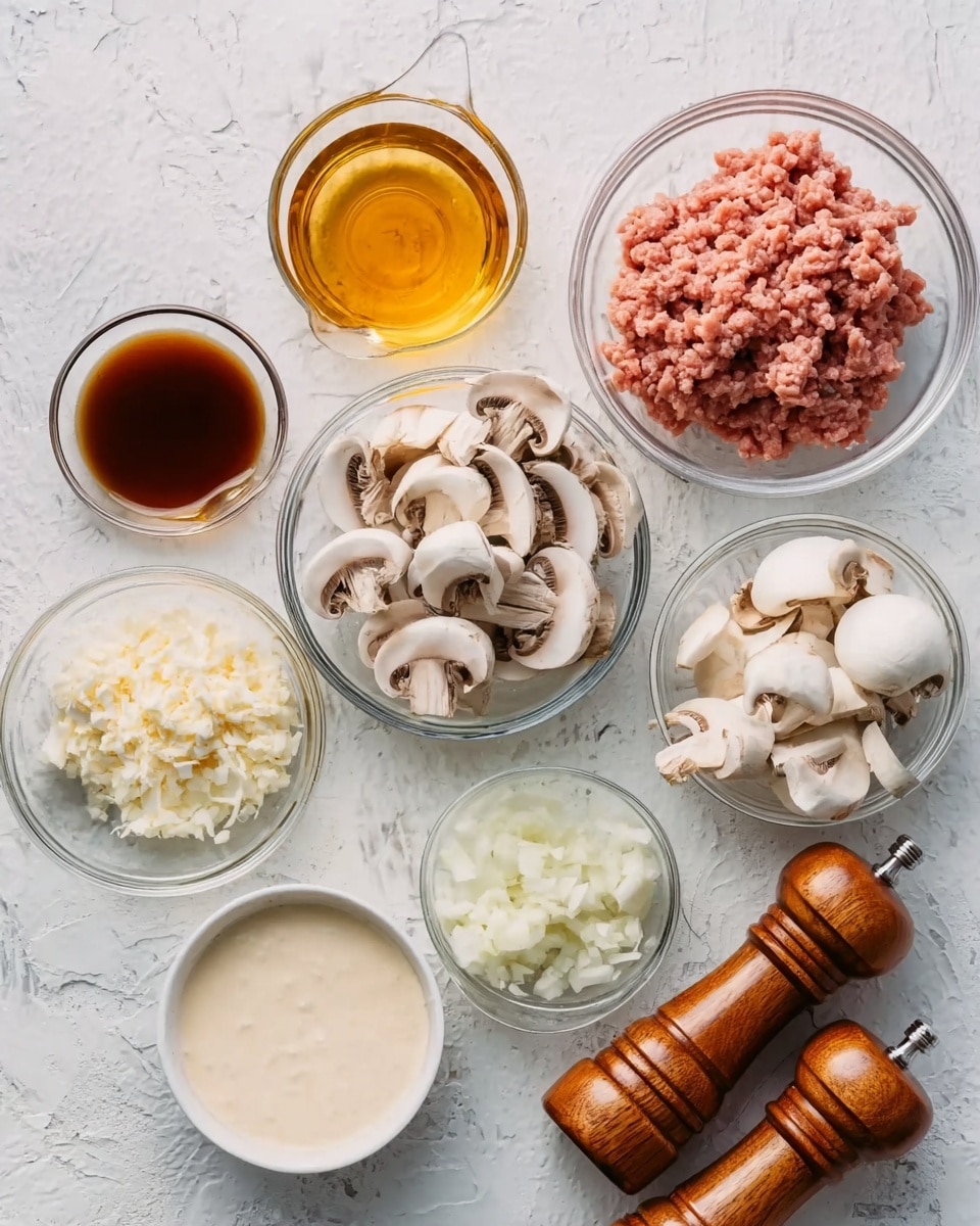 The image shows a top view of several clear glass bowls arranged on a white marbled surface. There are eight bowls, each holding different ingredients. From the top left, there is a bowl with a golden brown liquid, next to it a bowl filled with raw ground meat in a pinkish color. At the top right, a bowl contains sliced white and brown mushrooms. Below the mushroom bowl is a small bowl with white powder. Near the center bottom, there is a bowl with finely chopped white onions and next to it a bowl with creamy white sauce. To the left of the onion bowl, there is a bowl with a dark brown liquid. Two wooden pepper grinders sit side by side near the center right, adding texture and contrast to the scene. The whole setup is well-lit, highlighting the colors and textures of each ingredient clearly. Photo taken with an iphone --ar 4:5 --v 7