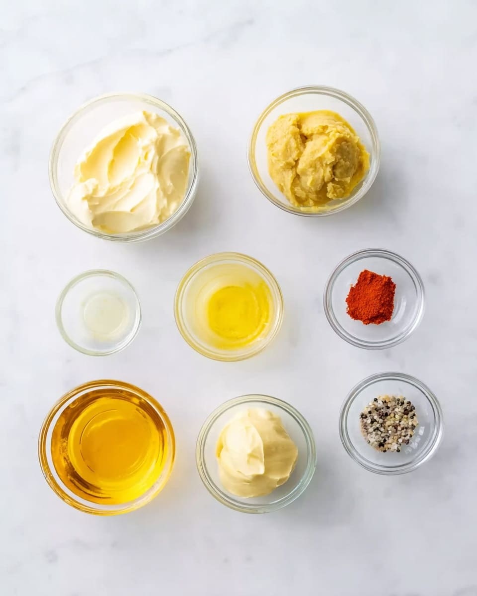 The image shows seven small clear glass bowls arranged neatly on a white marbled surface. From top left to right, the first bowl contains a thick, pale yellow creamy substance with a smooth texture. Next to it is a bowl filled with a slightly darker yellow paste, appearing smooth but more dense. The third bowl holds a small amount of bright red powder. Below these, the fourth bowl contains a clear, pale yellow liquid, while the fifth bowl has a vibrant yellow soft cream with a smooth texture. The sixth bowl at the bottom left is filled with a golden honey-like liquid, thick and shiny. The last bowl at the bottom right holds a mix of coarse black and white grains, likely salt and pepper. photo taken with an iphone --ar 4:5 --v 7