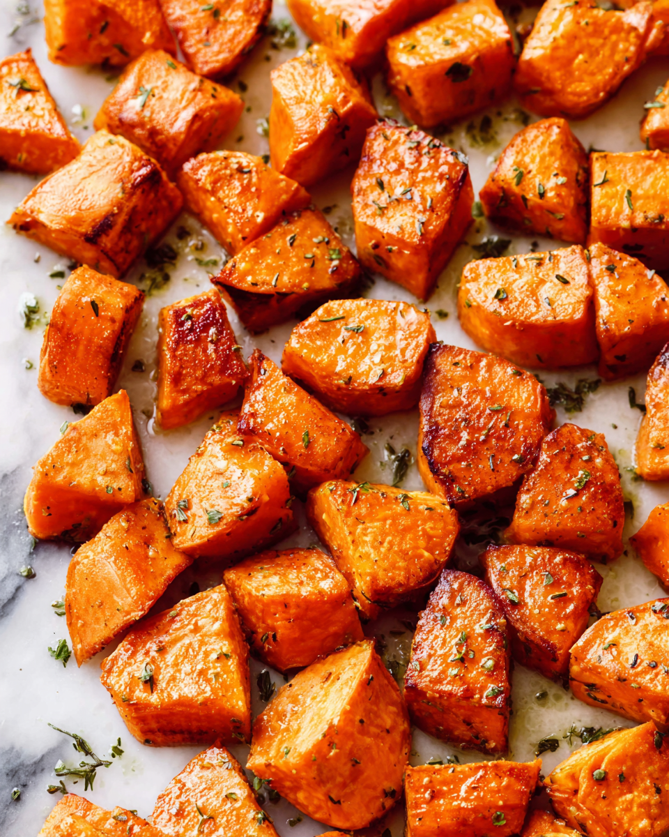 The image shows small, evenly sized pieces of roasted sweet potatoes with a golden-brown color and slightly crispy edges. The sweet potatoes are spread out on a white marbled surface with bits of herbs and seasoning visible on top. Each piece has a soft texture with a slight shine from the cooking oil, and the overall look is warm and inviting. photo taken with an iphone --ar 4:5 --v 7