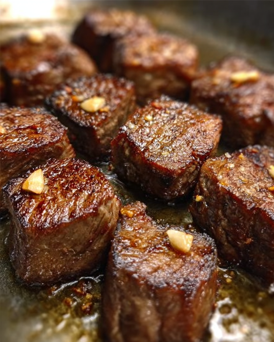 The image shows several dark brown cooked meat cubes with visible grill marks on the top surface, arranged closely together on a shiny metal tray. Each cube has a slightly caramelized, textured crust with small pieces of seasoning or garlic on some pieces. The meat looks juicy and tender with a crispy outside layer. The background is a white marbled texture photo taken with an iphone --ar 4:5 --v 7