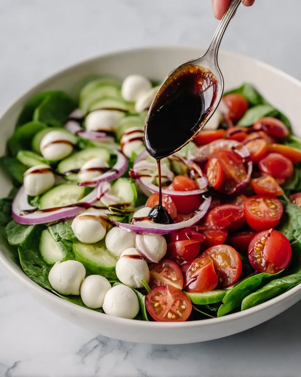 A white bowl holds a colorful salad with a base layer of dark green fresh spinach leaves. On top, there are two layers of vegetables and cheese: bright red halved cherry tomatoes, white round mozzarella balls, light green cucumber slices with dark green edges, and thin slices of purple onion. Dark brown balsamic glaze is being drizzled from a spoon over the ingredients, adding a glossy texture. The bowl is placed on a white marbled surface, with a woman's hand holding the spoon. photo taken with an iphone --ar 4:5 --v 7