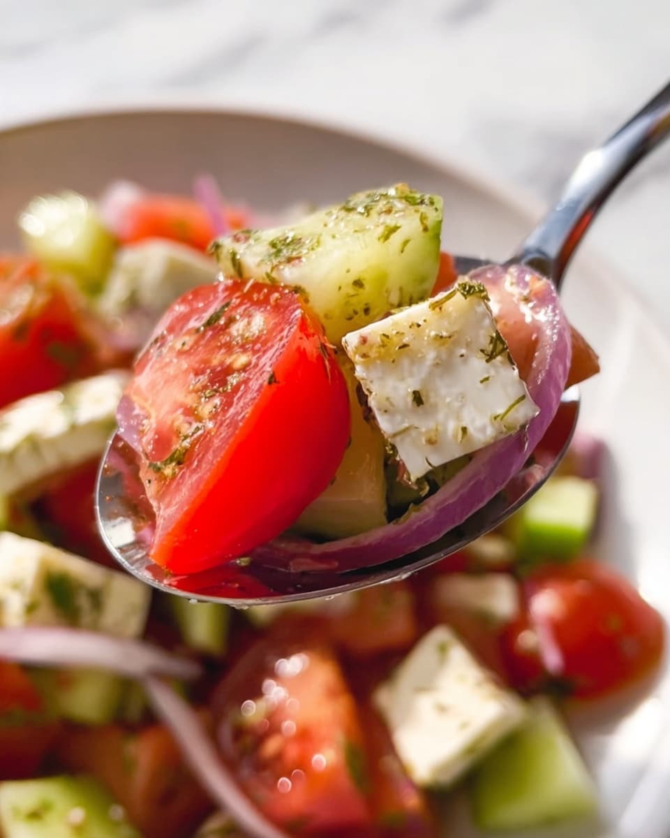 A close-up view of a spoon holding a small serving of a fresh salad. The spoon shows four layers: bright red tomato chunks with shiny, moist surfaces; light green cucumber pieces with visible seeds and some herb seasoning on top; off-white cheese cubes speckled with green herbs; and thin rings of light purple onion partially wrapped around the other ingredients. The spoon is held over a white plate with more of the same salad visible in the background, all placed on a white marbled surface. The lighting makes the ingredients look fresh and juicy. Photo taken with an iphone --ar 4:5 --v 7