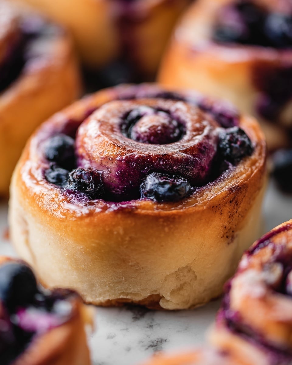 A close-up view of a single blueberry cinnamon roll showing two main layers: a soft, golden-brown dough layer with a slightly crispy edge on the outside and, inside, a rich swirl of deep purple-blue blueberry filling mixed with small whole blueberries and darker baked spots from the sugar and cinnamon. The dough looks fluffy and tender with a shiny glaze on top, making the roll look moist and fresh. Around this roll, blurred similar rolls provide a warm, cozy background, all set on a white marbled surface photo taken with an iphone --ar 4:5 --v 7