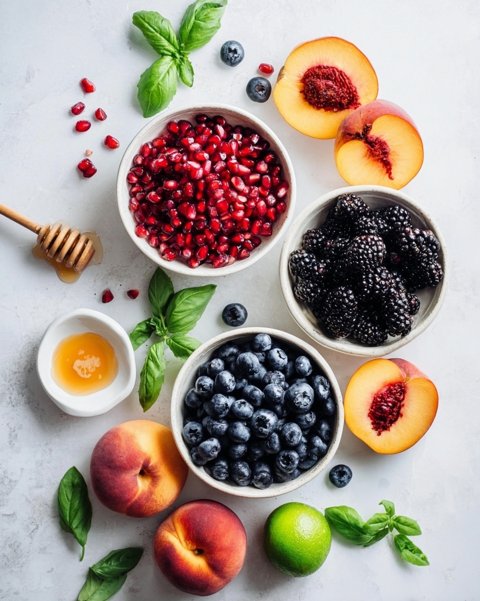 The image shows three white bowls arranged in a rough triangle on a white marbled surface. The top bowl is filled with bright red pomegranate seeds, the right bowl contains shiny black blackberries, and the bottom bowl holds plump dark blue blueberries. Surrounding the bowls are various fresh fruits and leaves: peach halves with their orange and red skin and textured pits, a whole red pomegranate, a halved green lime, and green basil leaves scattered around. A small white dish with honey and a wooden honey dipper rests near the left, adding a warm golden color. The scene is bright and fresh with vibrant, natural colors on a smooth white marbled background. photo taken with an iphone --ar 4:5 --v 7