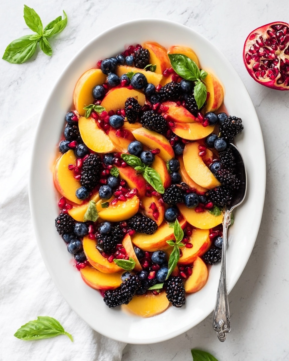 An oval white plate is filled with a colorful fruit salad made of three main layers of fruit: yellow-orange peach slices with a smooth texture and reddish edges, round deep blue blueberries with a smooth surface, and clustered blackberries showing a bumpy texture. Bright red pomegranate seeds are scattered evenly throughout, adding small pops of shiny ruby color. Small green basil leaves with smooth surfaces and thin green strips are spread on top, adding a fresh green touch. The plate is placed on a white marbled surface, with a silver spoon resting on the right side of the fruit mix, and a half pomegranate and fresh green basil leaves near the top and bottom edges of the scene. Photo taken with an iphone --ar 4:5 --v 7