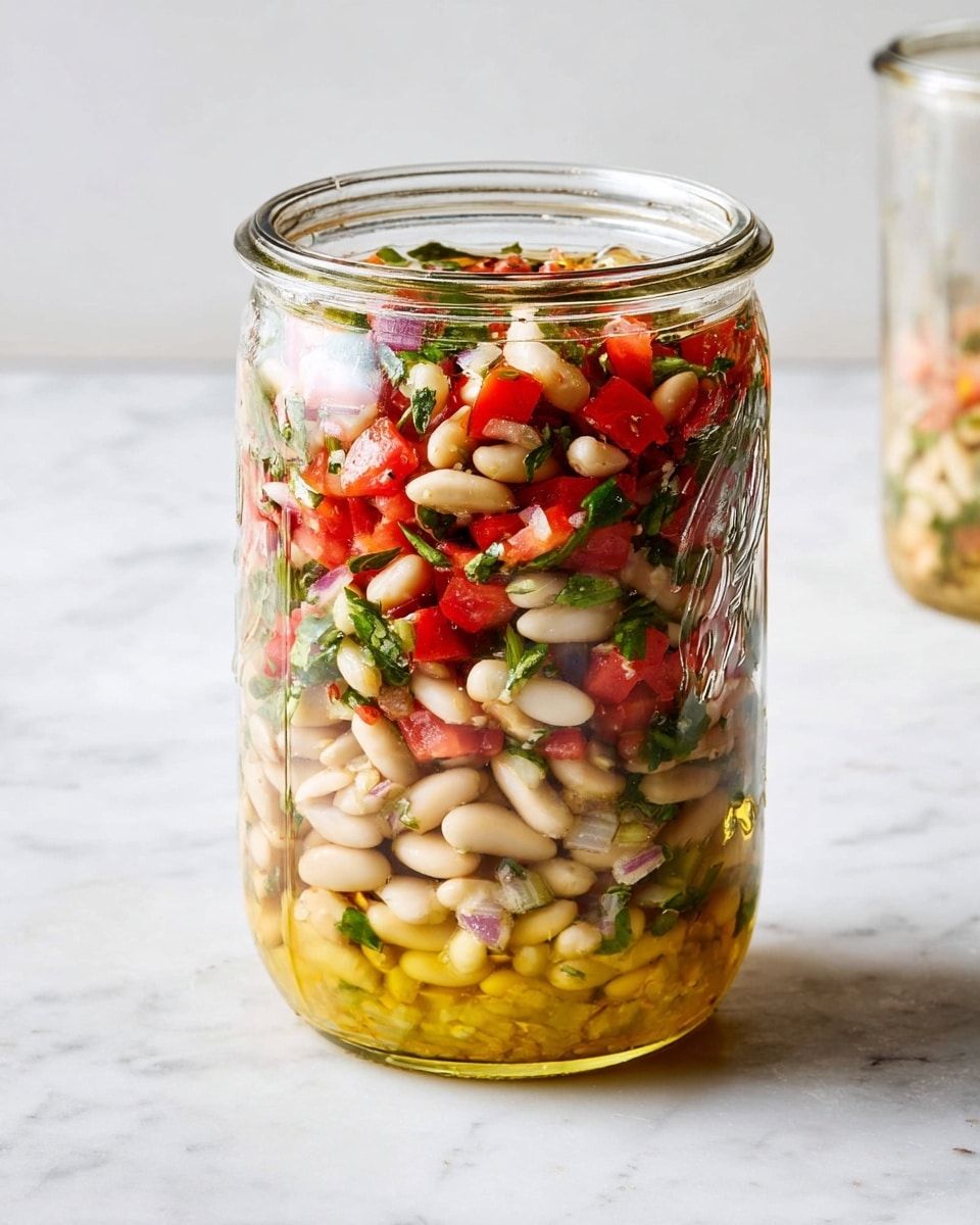 A tall clear glass jar filled with a salad arranged in layers. The bottom layer is yellowish from olive oil mixed with some white beans and small green herb pieces. The top layer is full of white beans mixed with chopped bright red tomatoes and fresh green herbs, giving a colorful contrast. The salad looks fresh and moist inside the jar, with visible small bits of onions and herbs. The jar sits on a white marbled surface, showing a clean and bright setting. Photo taken with an iphone --ar 4:5 --v 7