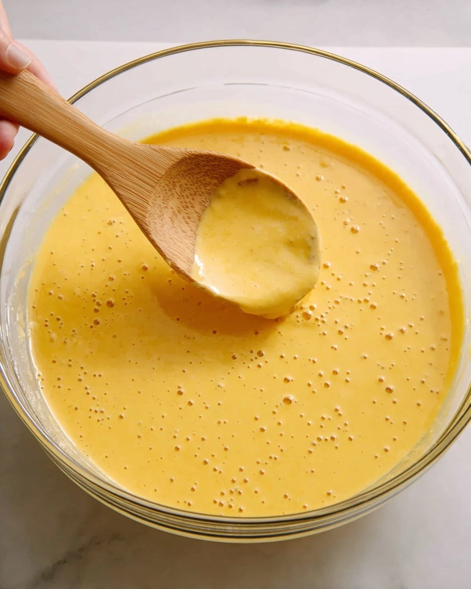 A clear glass bowl filled with a smooth, thick yellow-orange batter with tiny bubbles on the surface and in the batter on a wooden spoon hovering above, all placed on a white marbled surface. The spoon is held by a woman's hand that is not fully visible in the frame. photo taken with an iphone --ar 4:5 --v 7