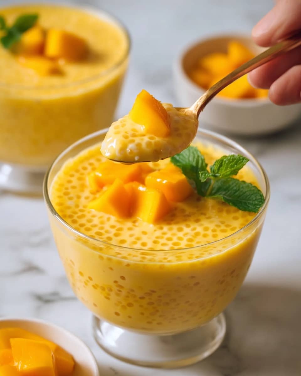 A clear glass bowl filled with two layers of yellow tapioca pudding with small translucent pearls evenly spread throughout each layer. On top, there are bright orange mango cubes arranged in the center, with a fresh green mint leaf placed beside them as decoration. A woman's hand holds a golden spoon lifting a spoonful of the pudding, showing the creamy yellow texture with tapioca pearls and a small mango cube. The bowl sits on a white marbled surface, with another similar bowl and a small white bowl with extra mango cubes blurred in the background. Photo taken with an iphone --ar 4:5 --v 7