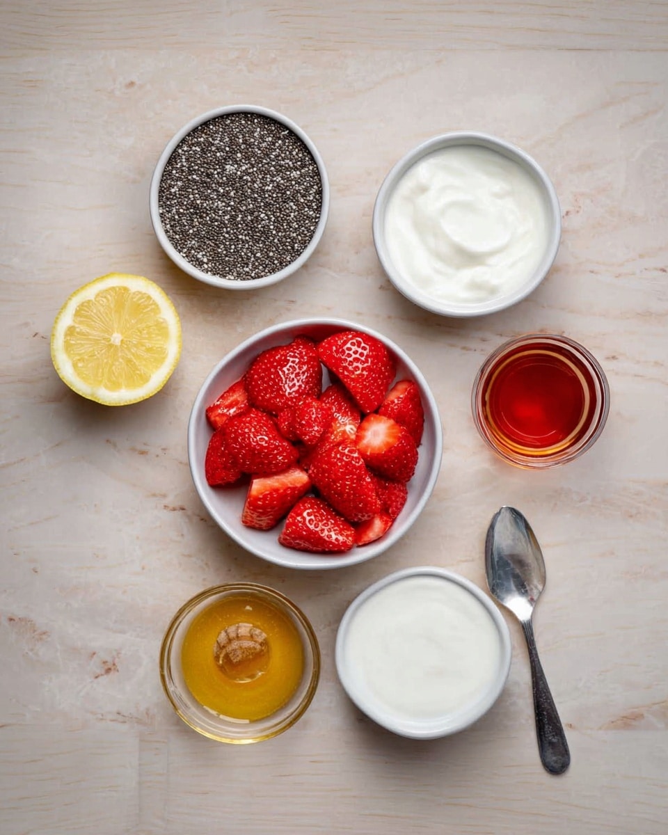 The image shows six small white bowls on a white marbled texture. One bowl contains many cut bright red strawberries, filling most of it. To its left is a white bowl full of tiny black chia seeds with a rough texture. Above the strawberries is a white bowl with thick creamy white yogurt. Below the strawberries are three more white bowls, one with dark amber honey that looks sticky, next to it is a small amount of light golden syrup, and on the left is half a lemon with light yellow pulp and a little texture on the peel. Nearby at the top right, a woman's hand is holding a white bowl with yogurt. The overall look is fresh and colorful with clean layers and simple details. photo taken with an iphone --ar 4:5 --v 7