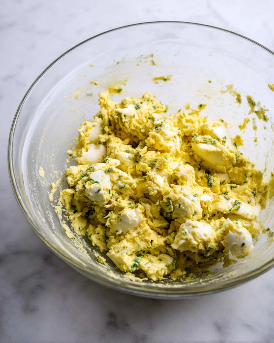 A clear glass bowl sits on a white marbled surface filled with chunky, uneven pieces of a yellowish mixture that looks creamy and soft. The mixture shows bits of white, likely from egg whites, and is speckled with green herbs throughout. The texture looks slightly rough with visible small lumps and herbs mixed in. The bowl is partially filled and some of the mixture is smeared along the sides of the bowl. photo taken with an iphone --ar 4:5 --v 7