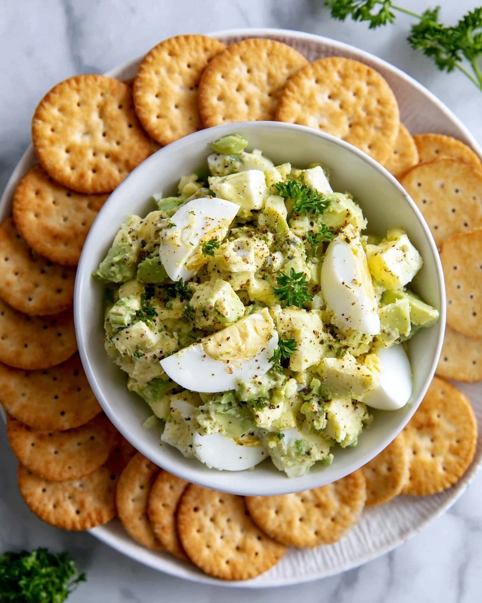 A white bowl filled with a mix of chopped hard-boiled eggs and mashed avocado, with visible white egg pieces and light green avocado, sprinkled with black pepper and small green parsley leaves. The bowl is placed on a white plate with several round, golden crackers arranged around it. The entire setup is on a white marbled surface, with a few sprigs of parsley scattered nearby. photo taken with an iphone --ar 4:5 --v 7