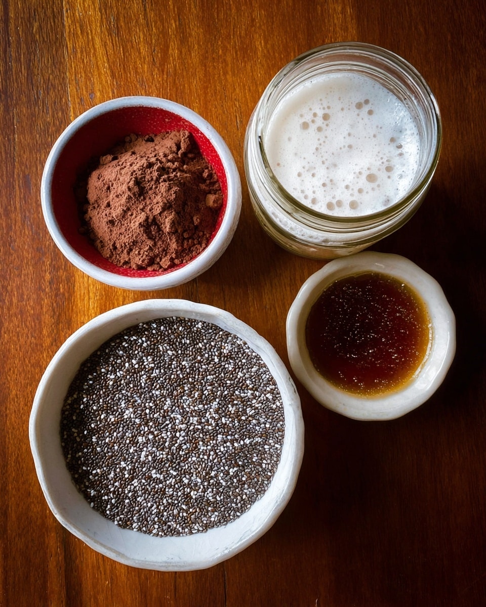 The image shows four containers on a wooden surface. At the bottom is a white bowl filled with many small black and white chia seeds, evenly spread out. Above it are three smaller containers: on the left, a white bowl with a deep red inside holds a small pile of brown cocoa powder with a crumbly texture; in the middle, a clear glass jar is filled with thick white liquid topped with frothy bubbles; on the right, a small white bowl holds a dark amber liquid with some specks, appearing glossy and slightly reflective. photo taken with an iphone --ar 4:5 --v 7