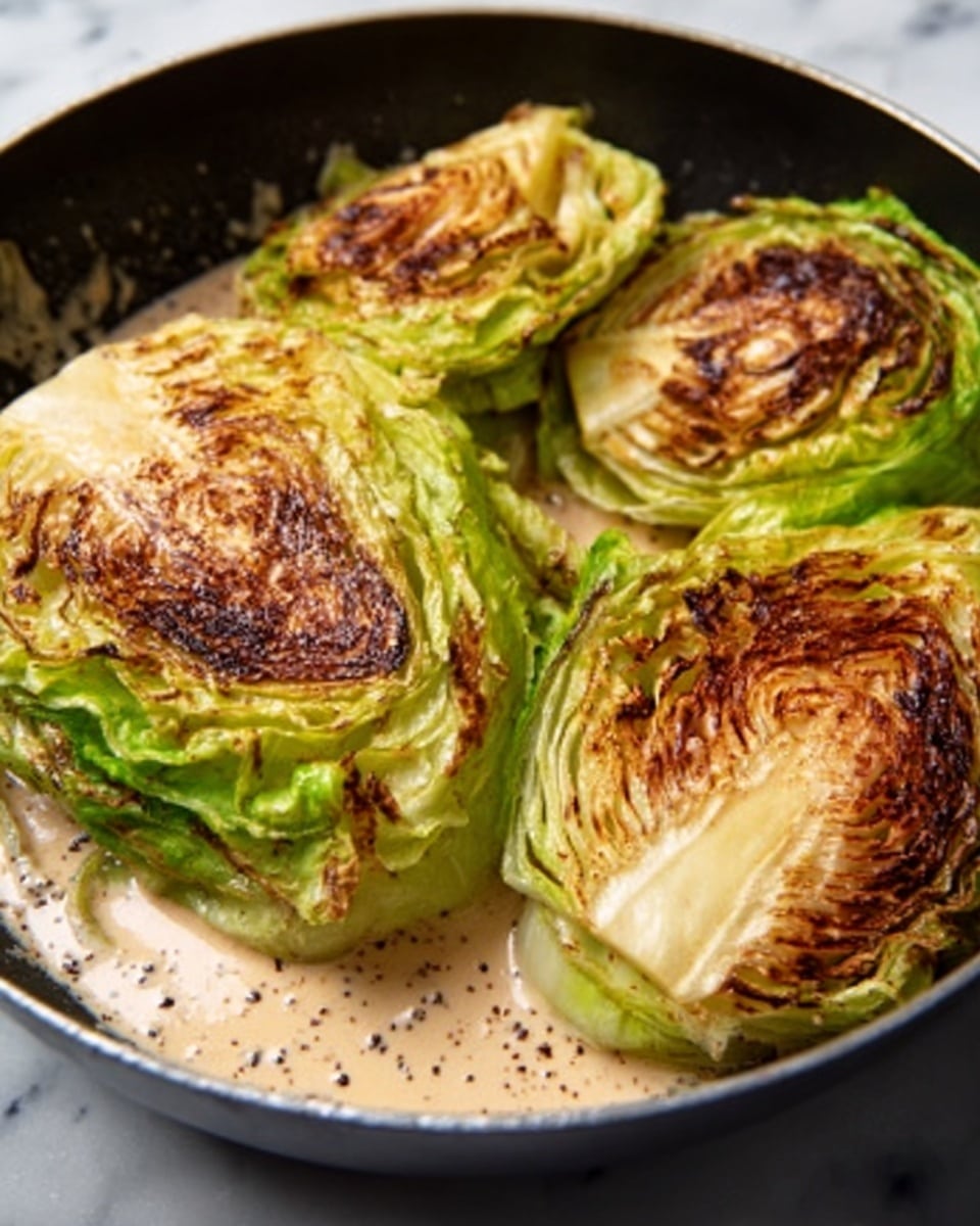 The image shows four pieces of grilled cabbage placed in a dark pan. Each piece has a crisp, browned, and slightly charred surface with shades of light green and dark golden brown. The cabbage pieces are touching each other and are surrounded by a creamy, light beige sauce with visible specks, giving it a textured look. The pan is set on a white marbled surface. photo taken with an iphone --ar 4:5 --v 7
