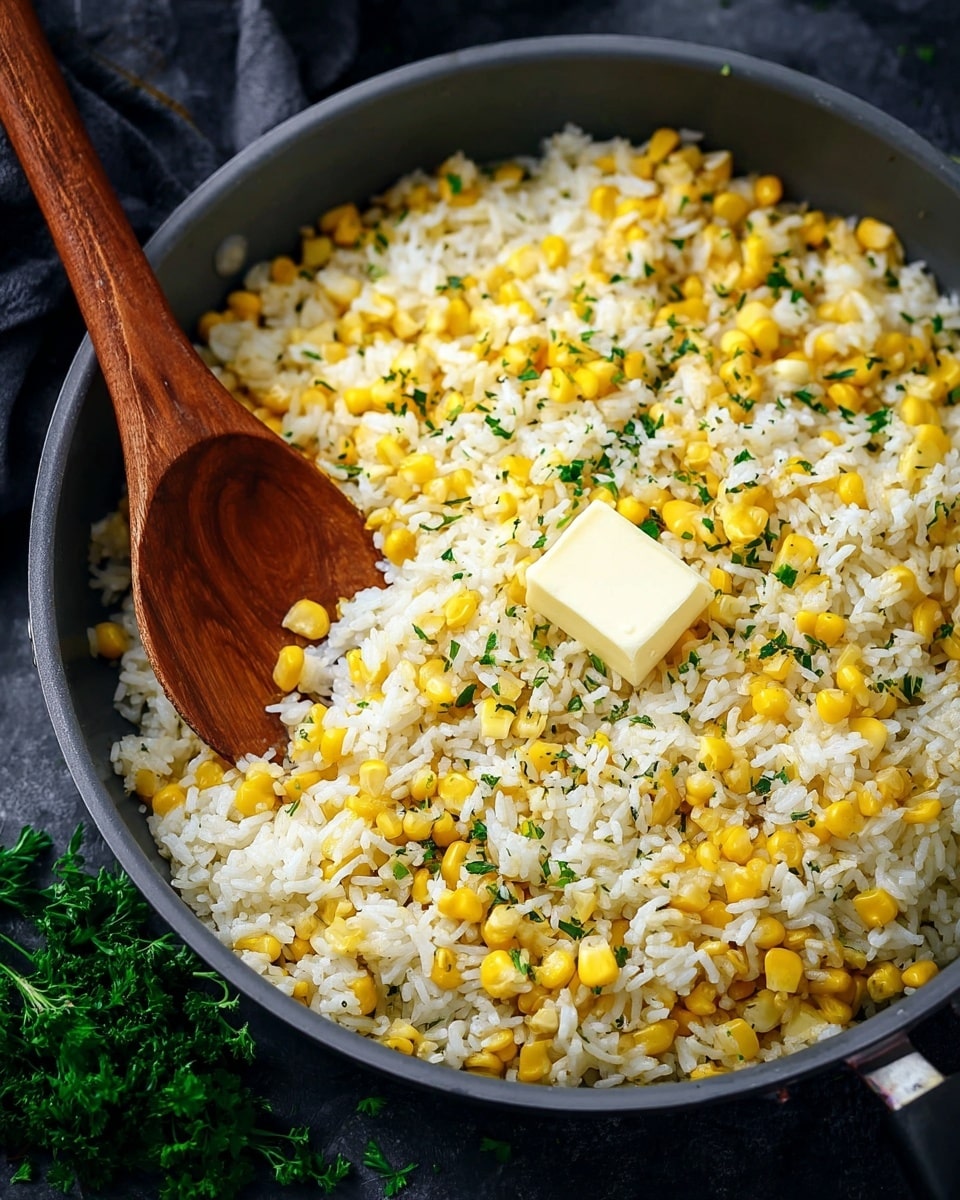 A large white pan filled with cooked yellow corn kernels mixed evenly with soft white rice. Small bits of green herbs are scattered on top, adding a touch of color. A wooden spoon is scooping a portion of the rice and corn, showing the fluffy texture of the rice and the plumpness of the corn. The pan is placed on a white marbled surface. photo taken with an iphone --ar 4:5 --v 7